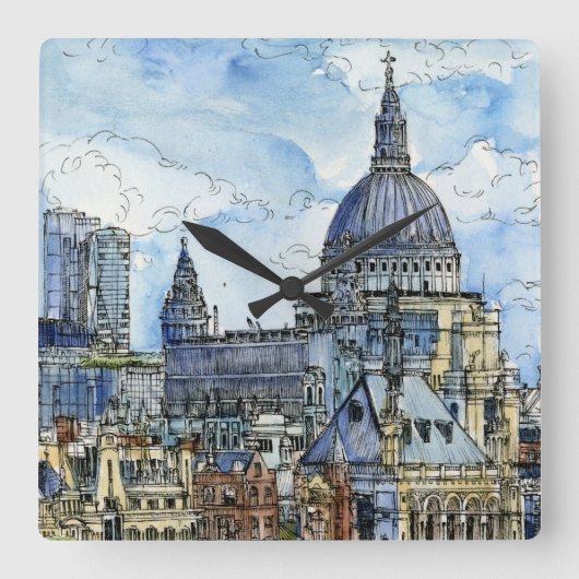 行先|の水彩画のテムズ川の水辺地帯 スクエア壁時計 (正面)