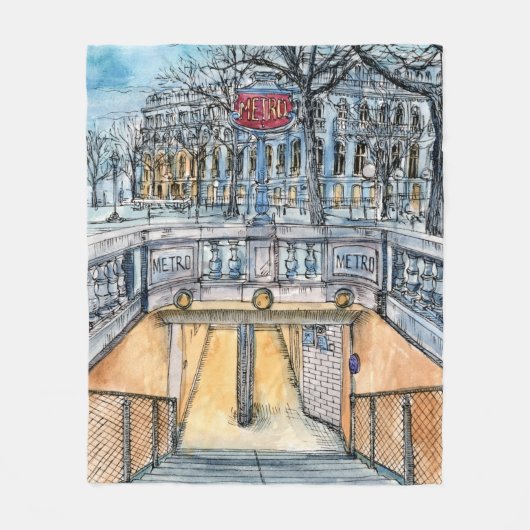 行先|の水彩画のヴィンテージの地下鉄の入口 フリースブランケット (正面)
