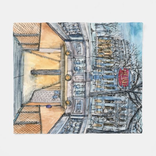 行先|の水彩画のヴィンテージの地下鉄の入口 フリースブランケット (正面(横))