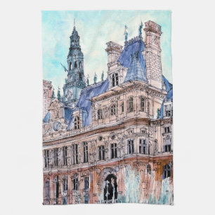 行先 の水彩画Rustic Hotel de Ville キッチンタオル