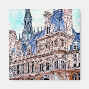 行先 の水彩画Rustic Hotel de Ville マグネット
