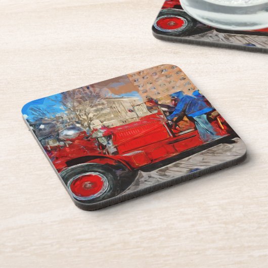 行進の旧式な普通消防車の抽象芸術の印象主義 コースター (左側)