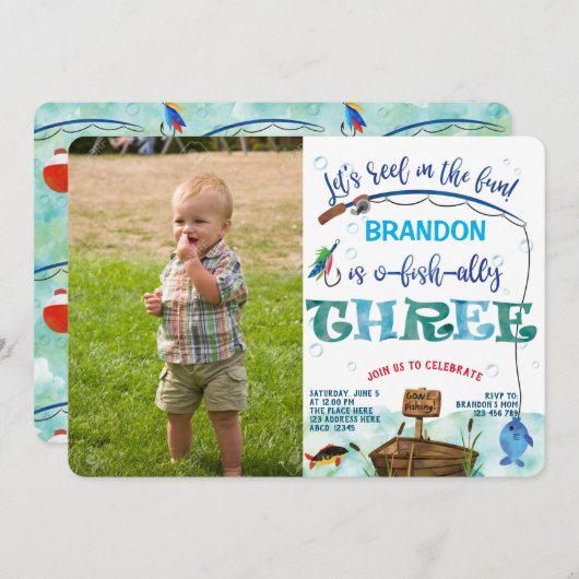 行魚釣り3rd誕生日リトルフィッシャーマンフォト 招待状 (正面/裏面)