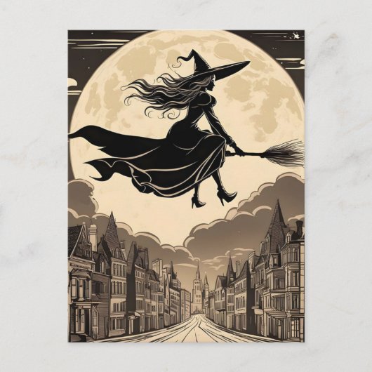 街の上空をほうきに乗って飛ぶ若きハロウィンの魔女 ポストカード (正面)