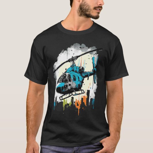 街の落書きの上のヘリコプター Tシャツ (正面)