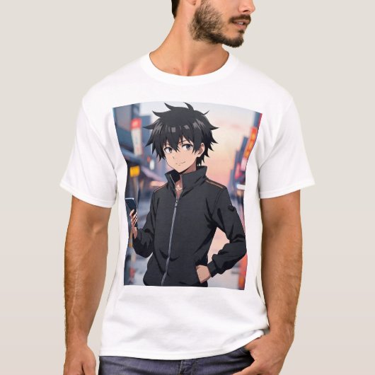 街の通りを歩くアニメ少年 - クールな都会のアニメキャラ Tシャツ (正面)