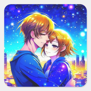 街を望む子どもたちアニメのカップル スクエアシール