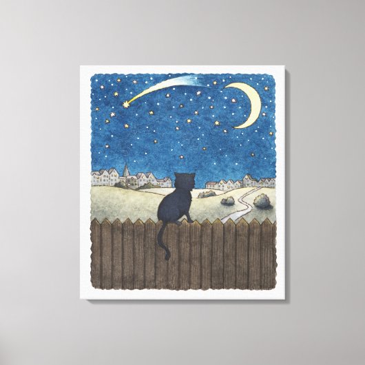 街上の夜空を眺めるフェンスの上の猫 キャンバスプリント (正面)