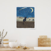 街上の夜空を眺めるフェンスの上の猫 ポスター (キッチン)
