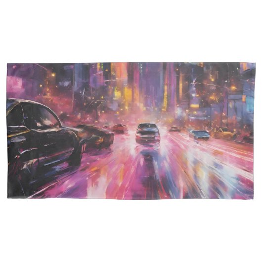 街並みの夜道鮮やか路 枕カバー (正面左)