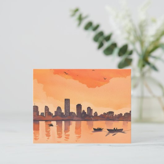 街並み夕日 | オレンジシティスカイライン水彩画 ポストカード (スタンド正面)