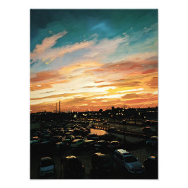 街並み鮮やかと駐車場の夕日 フォトプリント           