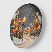 街灯が灯る冬の村 ラージ壁時計 (傾斜)