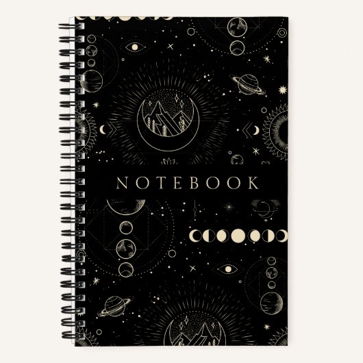 衛星クールと星を持つ宇宙ブラックノート ノートブック (正面)