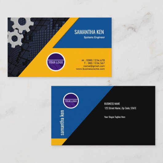 衝撃を与える眩ます黄色いギアエンジニア 名刺 (正面/裏面)