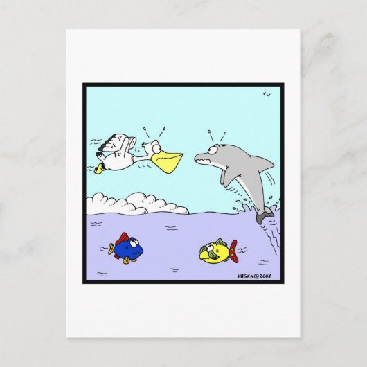 衝突: イルカとペリカンの漫画 ポストカード (正面)