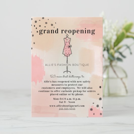 衣料品店再オープン抽象芸術ピンク 招待状 (スタンド正面)