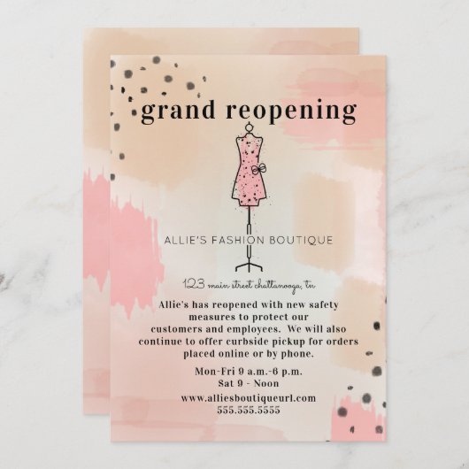 衣料品店再オープン抽象芸術ピンク 招待状 (正面/裏面)