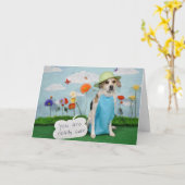 衣服の犬の写真、だれでものための"かわいい"テーマ カード (黄色い花)