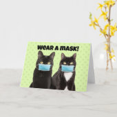 衣服コロナウイルスのかわいい猫マスク顔 カード (黄色い花)