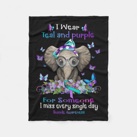 衣服ティール(緑がかった色)と紫の自殺認識度ゾウ里 フリースブランケット (正面)