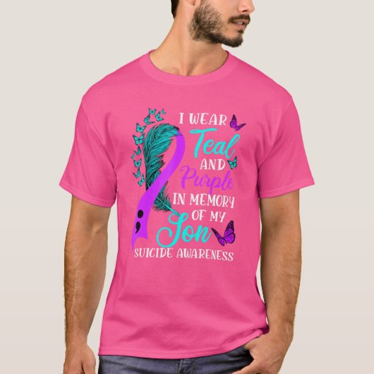 衣服ティール(緑がかった色)パープル私の息子の自殺アウェアの記憶 Tシャツ (正面)