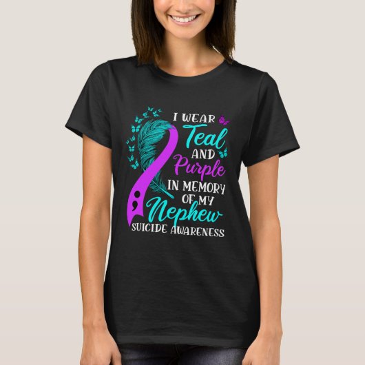 衣服ティール(緑がかった色)パープル私の甥の自殺Awの思い出 Tシャツ (正面)
