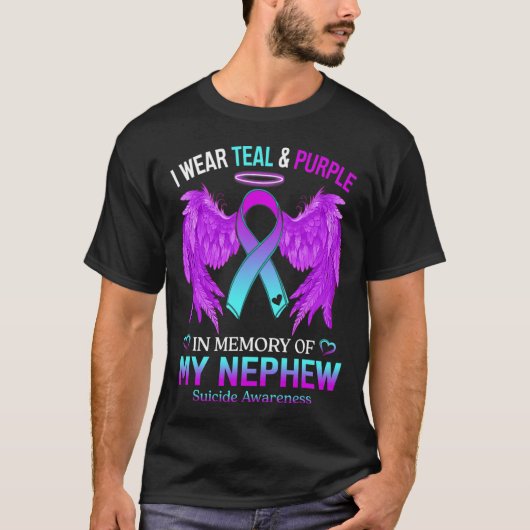 衣服ティール(緑がかった色)紫の甥の自殺を認識のメモリ Tシャツ (正面)