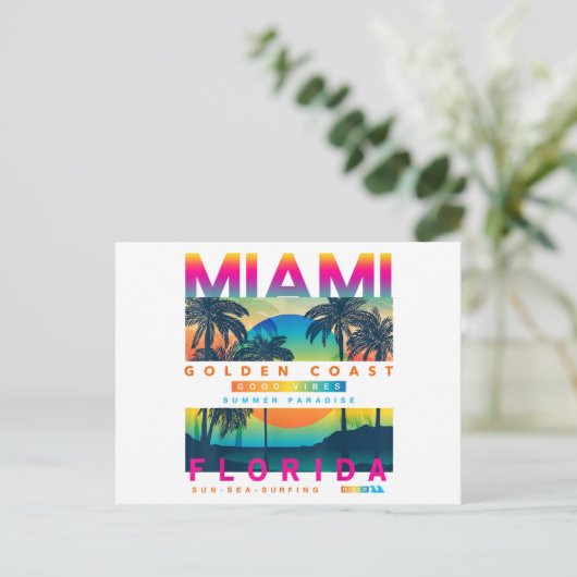 衣服マイアミフロリダTシャツマイアミカラフルサンライズ シーズンポストカード (スタンド正面)