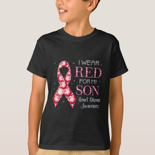 衣服レッド私の息子のハート病認識度サポート Tシャツ (正面)