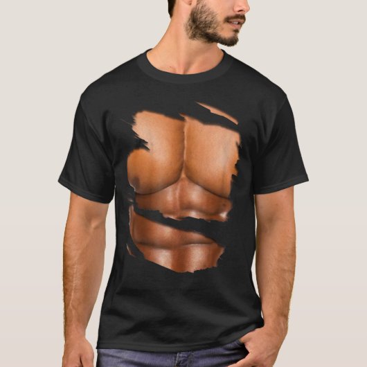 衣服下の偽の筋肉6パックAbs Blac Tシャツ (正面)