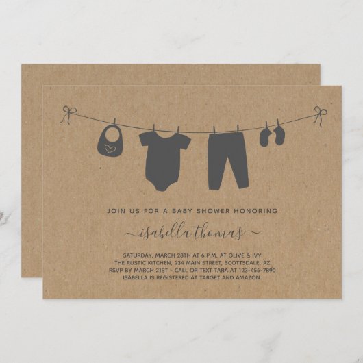 衣服物干し衣服赤ちゃんシャワー招待状 サンキューカード (正面/裏面)