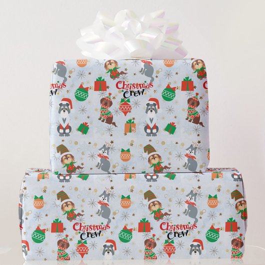 衣装を着たクリスマスのクルー転がド犬 ラッピングペーパー