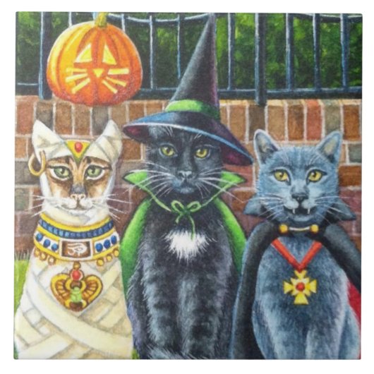 . .衣装を着たハロウィン猫の水彩画 タイル (正面)
