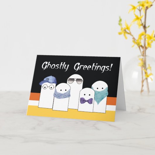 衣装を着たハロウィーンのかわいい幽霊たち カード (黄色い花)