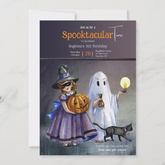 衣装を着た子供たちハロウィーン誕生日パーティー 招待状 (正面)