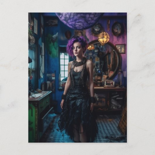 衣装を着た紫色の髪の女性 ポストカード (正面)