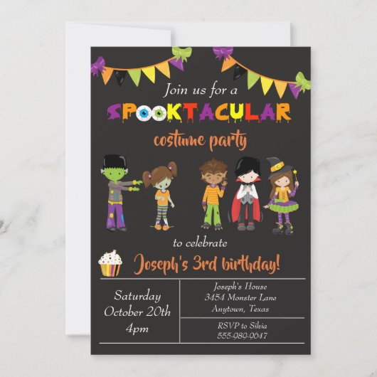 衣装ハロウィーン誕生日パーティー子供のトリックトリートメント 招待状 (正面)