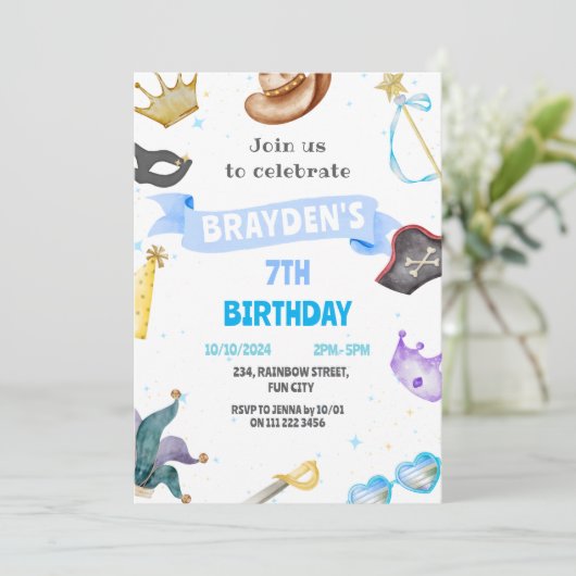 衣装パーティーキッズブルーボーイドレスアップ誕生日 招待状 (スタンド正面)