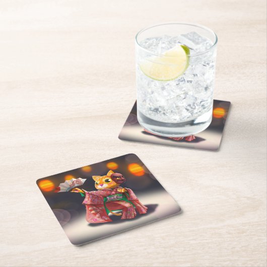 衣装日本のを着たキャッ伝統的トダンサー スクエアペーパーコースター (インサイチュ)