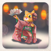 衣装日本のを着たキャッ伝統的トダンサー スクエアペーパーコースター (正面)