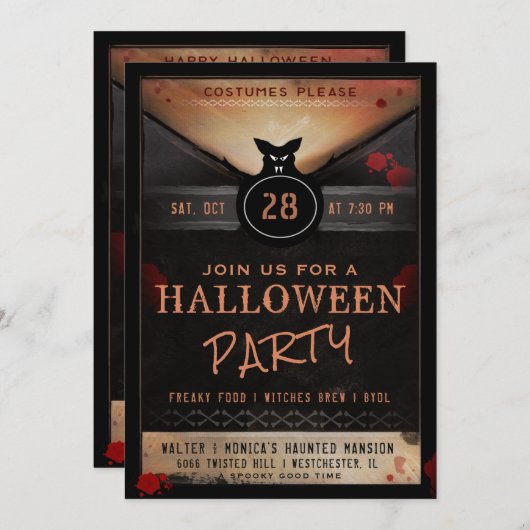 衣裳のパーティーの不気味なこうもりのハローウィンパーティの招待 招待状 (正面/裏面)