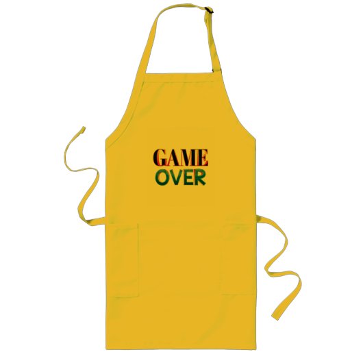表に「GAME OVER」とプリントされた黄色のエプロン ロングエプロン (正面)