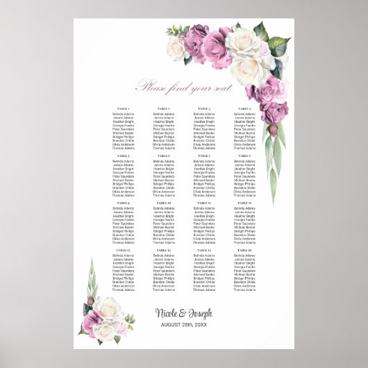 表ピンクの白いローズのフローラ座席表 ポスター (正面)