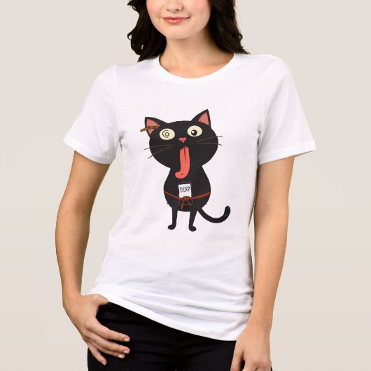 表情の真っ赤な黒おっちょこちょいの猫 トライブレンドTシャツ (正面)