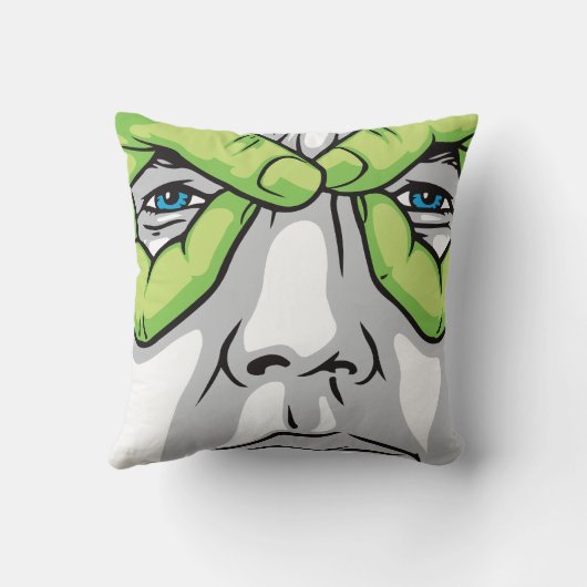 表情豊かな顔、緑の手、色の目 クッション (裏面)