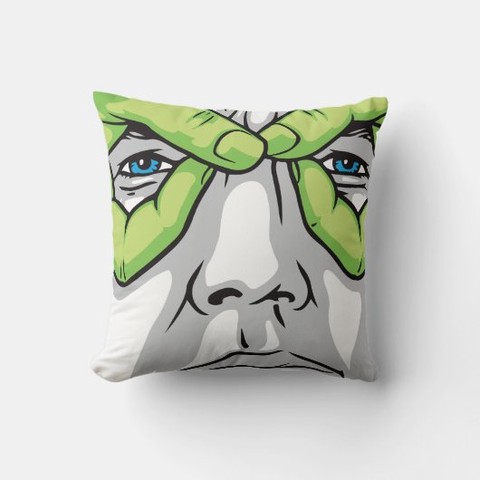 表情豊かな顔、緑の手、色の目 クッション (正面)