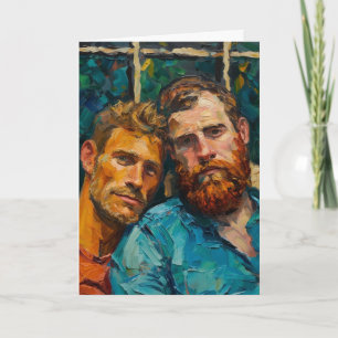 表現主義の油絵肖像画、2人の男性、青いシャツ、R カード