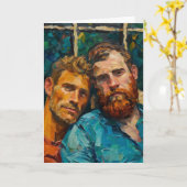 表現主義の油絵肖像画、2人の男性、青いシャツ、R カード (黄色い花)