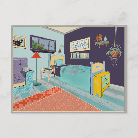 表現派のアートブルーの寝室 ポストカード (正面)